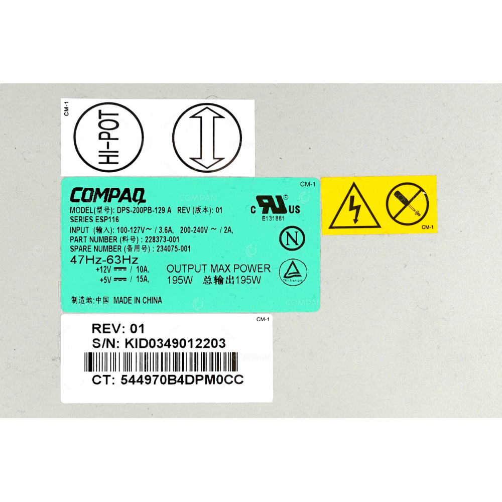 234075-001 HP COMPAQ 195W POWER SUPPLY FOFR 234327-001 228373-001